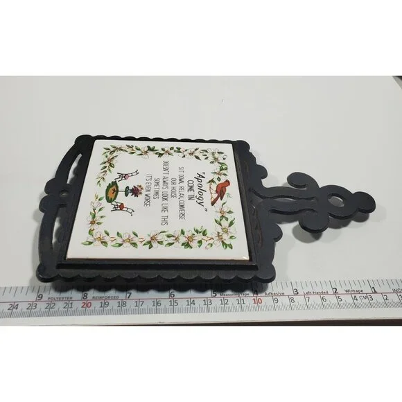 MCM Cast Metal Ceramic Tile Wall Plaque Trivet Vintage Apology Birds Flowers - Picture 7 of 14